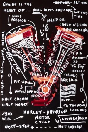 Engine is heart. oeuvre artistique. dessin sur une photographie de moteur Harley davidson