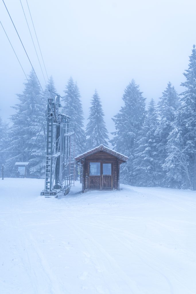 Photographie de la série Foggy mountain. station de ski de la bresse dans les Vosges. Projet photographique d'artiste auteur. sapin dans la neige